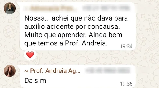 Mensagem de aluna agradecendo o aprendizado com a Prof. Andreia