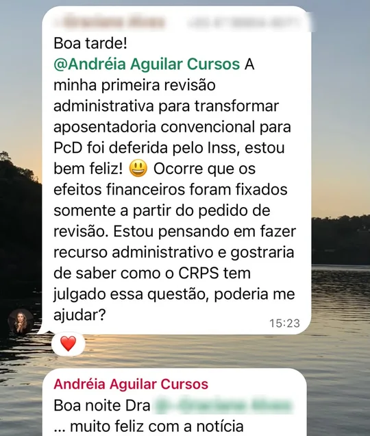 Mensagem de aluna sobre a primeira revisão administrativa para aposentadoria PcD deferida pelo INSS