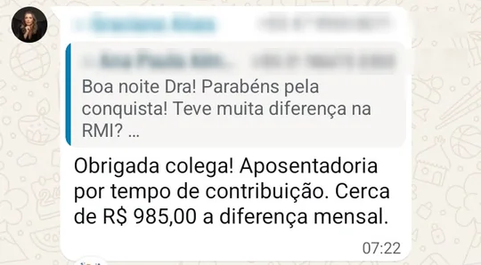 Mensagem de aluna sobre diferença mensal de cerca de R$ 985,00 na revisão