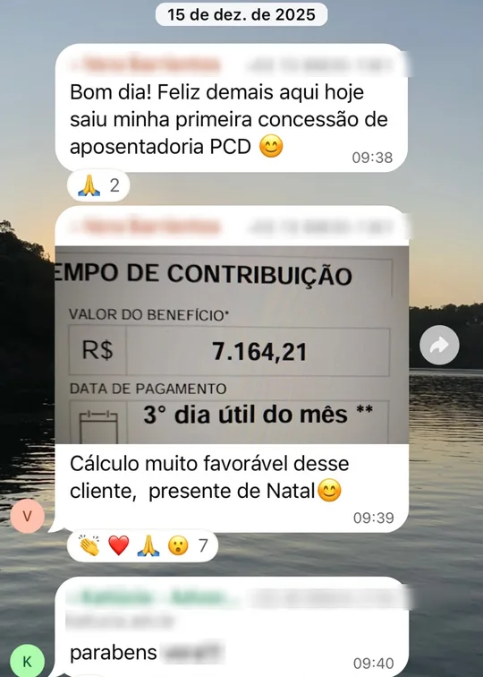 Mensagem de aluna comemorando a primeira concessão de aposentadoria PCD, com benefício de R$ 7.164,21